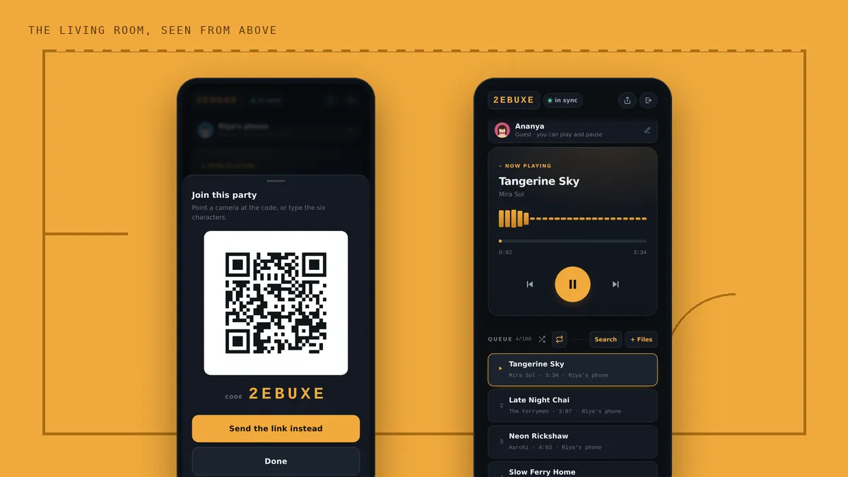 Two phones in a BeatBuddies party: one showing the QR code to join, one playing a song