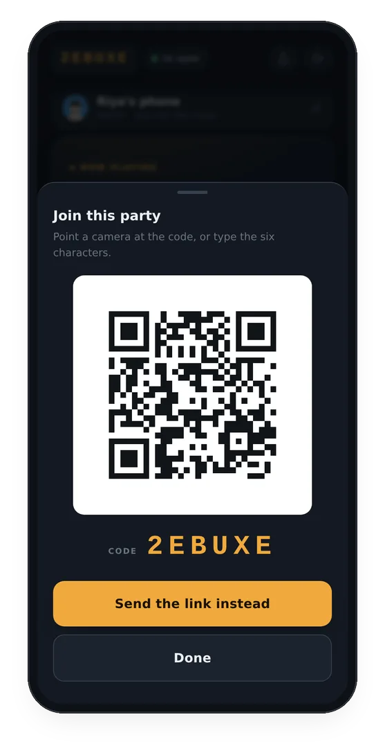 A BeatBuddies Join this party screen with a large QR code and the party code underneath