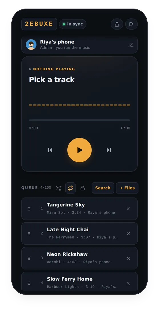 A BeatBuddies party queue with four tracks, each labelled with who added it
