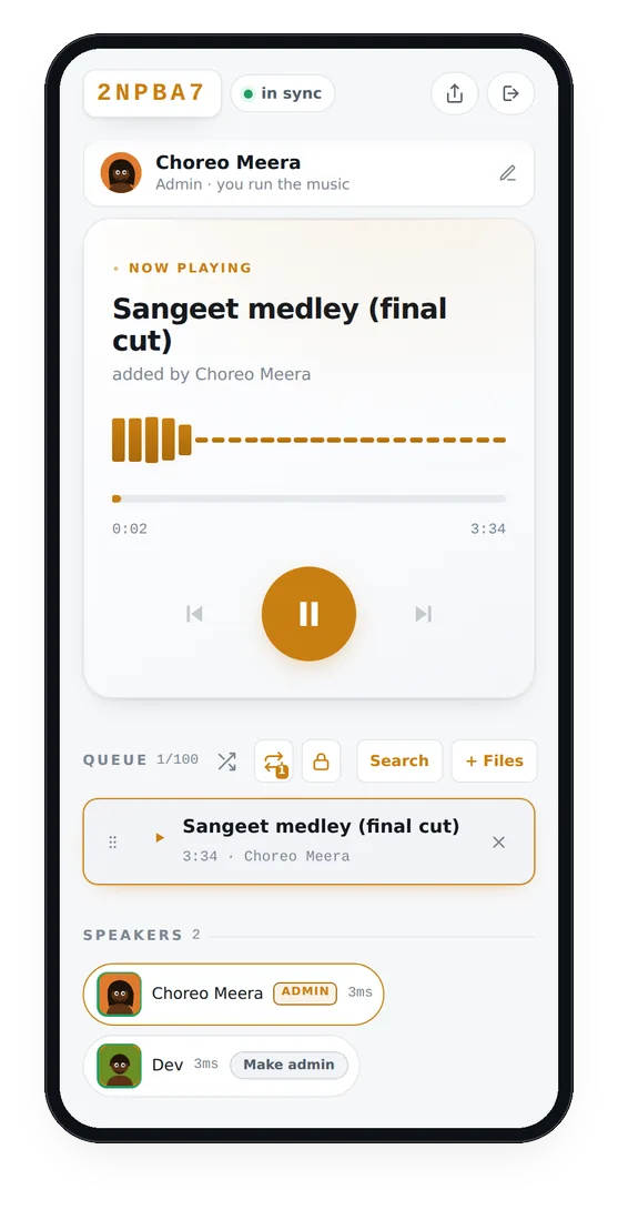 A BeatBuddies party playing a file called Sangeet medley final cut, added by the choreographer