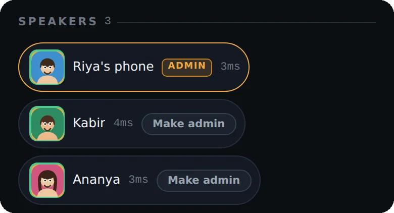 The Speakers list with Make admin buttons next to two guests