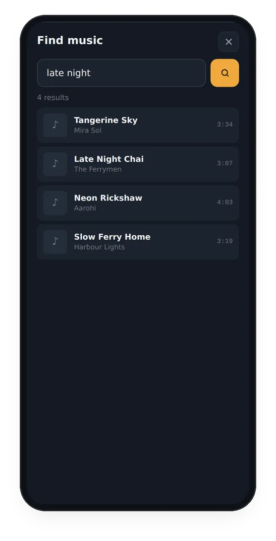The Find music sheet in BeatBuddies with four search results